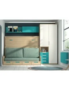 Dormitorio juvenil cama nido abatible armario blanco madera azul