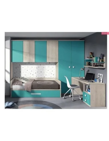 Dormitorio juvenil cama nido armario madera escritorio moderno azul