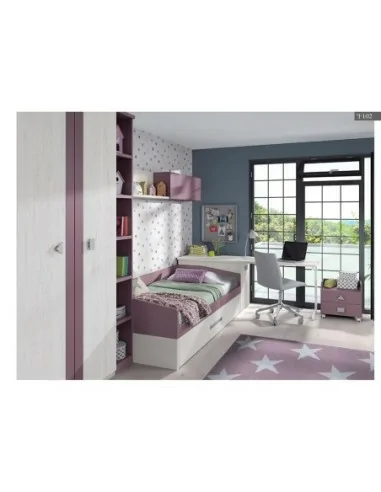 Dormitorio juvenil cama nido armario madera escritorio moderno rosa