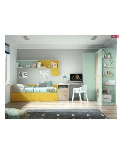 Dormitorio juvenil cama nido cajones armario madera escritorio moderno amarillo verde