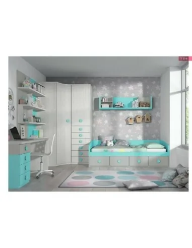 Dormitorio juvenil cama nido cajones armario madera escritorio moderno azul gris