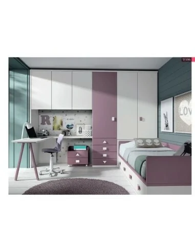 Dormitorio juvenil cama nido cajones armario madera escritorio moderno lila