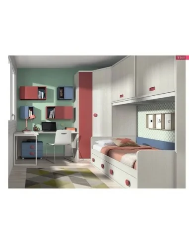 Dormitorio juvenil cama nido cajones armario madera escritorio moderno rojo