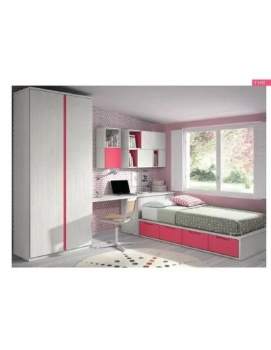 Dormitorio juvenil cama nido cajones armario madera escritorio moderno rosa