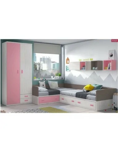 Dormitorio juvenil cama nido cajones armario madera escritorio moderno rosa L