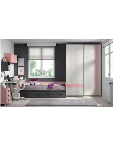 Dormitorio juvenil cama nido cajones armario madera escritorio moderno rosa negro