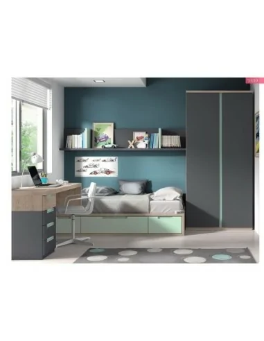 Dormitorio juvenil cama nido cajones armario madera escritorio moderno verde negro