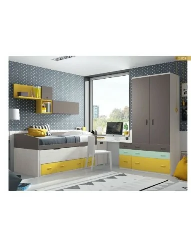 Dormitorio juvenil cama nido compacto armario madera escritorio moderno amarillo