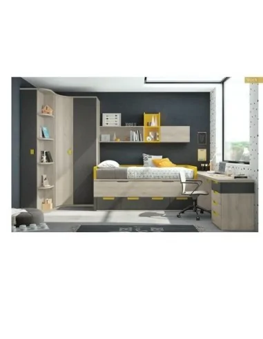 Dormitorio juvenil cama nido compacto armario madera escritorio moderno amarillo gris