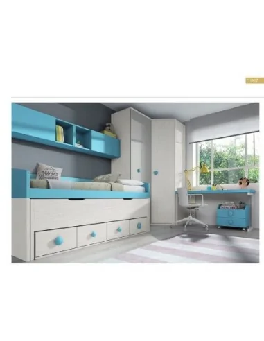 Dormitorio juvenil cama nido compacto armario madera escritorio moderno azul