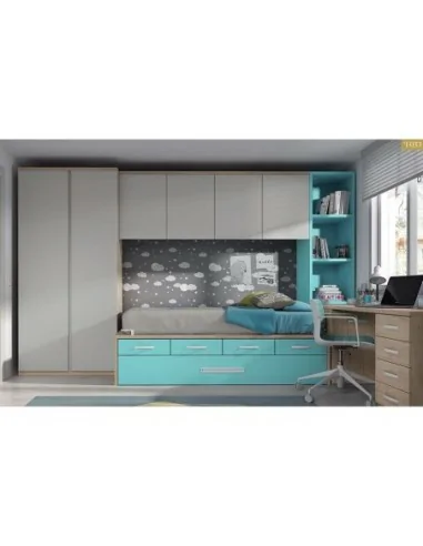 Dormitorio juvenil cama nido compacto armario madera escritorio moderno azul bblanco