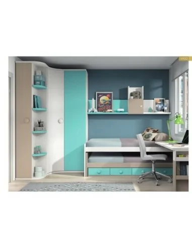 Dormitorio juvenil cama nido compacto armario madera escritorio moderno azul blanco