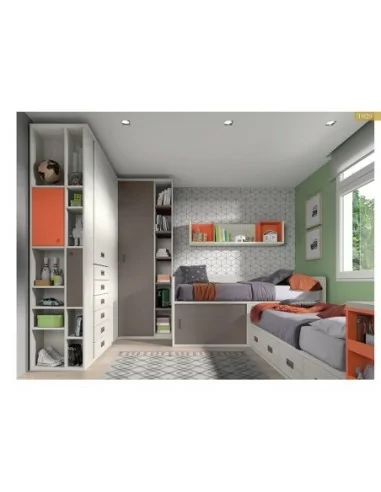 Dormitorio juvenil cama nido compacto armario madera escritorio moderno grafito