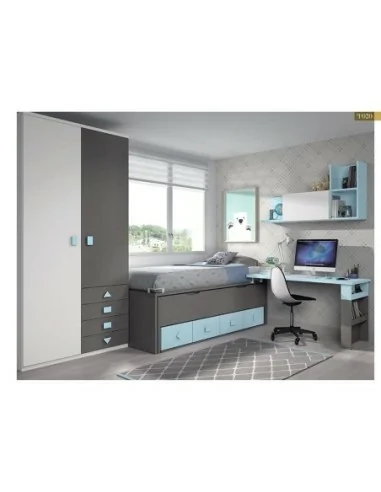 Dormitorio juvenil cama nido compacto armario madera escritorio moderno negro