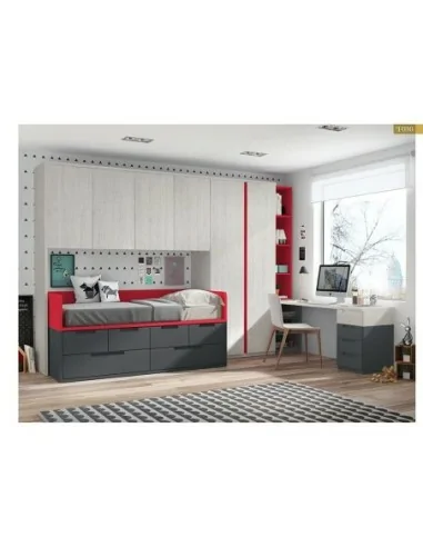 Dormitorio juvenil cama nido compacto armario madera escritorio moderno negro rojo