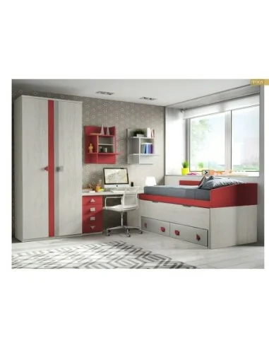 Dormitorio juvenil cama nido compacto armario madera escritorio moderno rojo