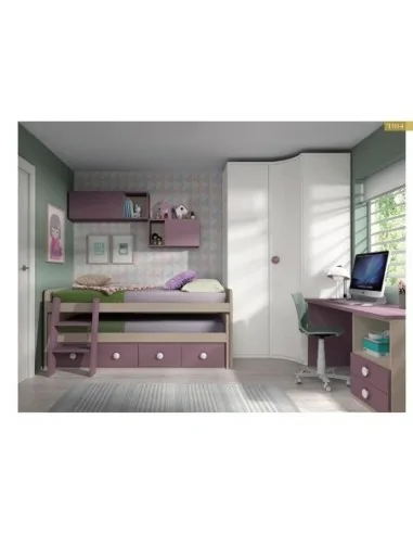 Dormitorio juvenil cama nido compacto armario madera escritorio moderno rosa