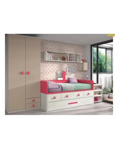 Dormitorio juvenil cama nido compacto armario madera escritorio moderno rosa beig