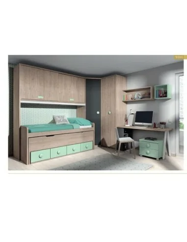Dormitorio juvenil cama nido compacto armario madera escritorio moderno verde