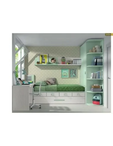Dormitorio juvenil cama nido compacto armario madera escritorio moderno verde menta