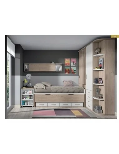 Dormitorio juvenil cama nido compacto armario madera moderno blanco