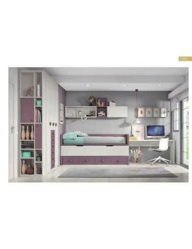 Dormitorio juvenil cama nido compacto armario madera moderno escritorio lila