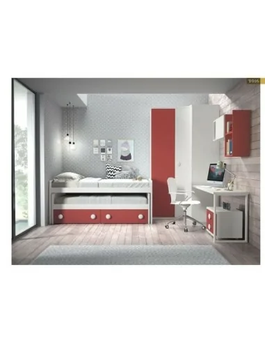 Dormitorio juvenil cama nido compacto armario rincon madera escritorio moderno rojo