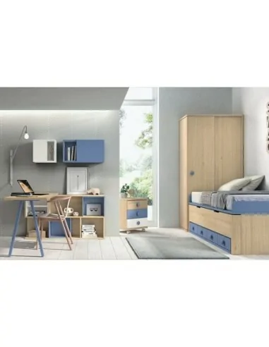 Dormitorio juvenil cama nido escritorio armario madera azul