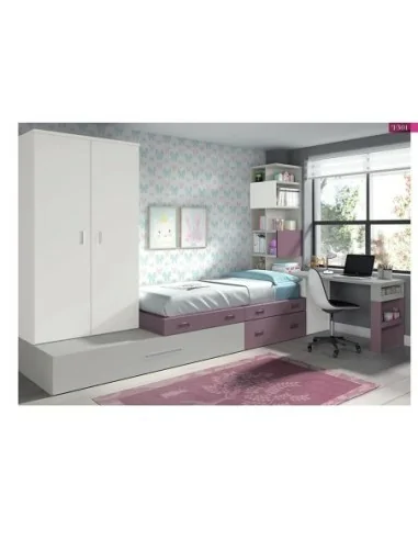 Dormitorio juvenil cama nido modular escritorio armario madera moderno