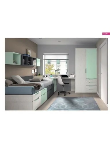 Dormitorio juvenil cama nido modular escritorio armario madera moderno verde