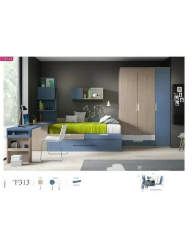 Dormitorio juvenil cama nido modular escritorio extraible armario madera moderno