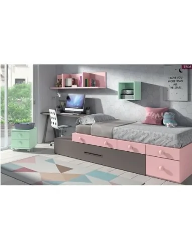 Dormitorio juvenil cama nido modular escritorio madera moderno rosa