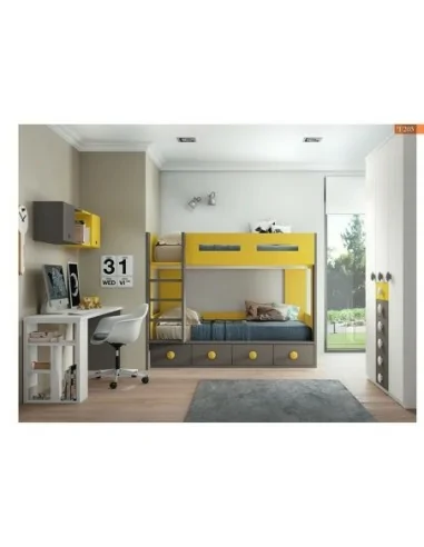 Dormitorio juvenil litera cajones armario madera escritorio moderno amarillo