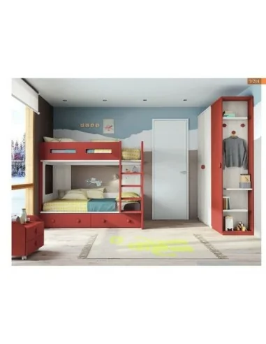 Dormitorio juvenil litera cajones armario madera escritorio moderno rojo