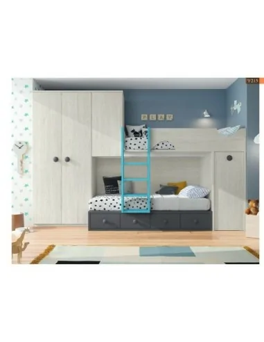 Dormitorio juvenil litera tren armario madera moderno