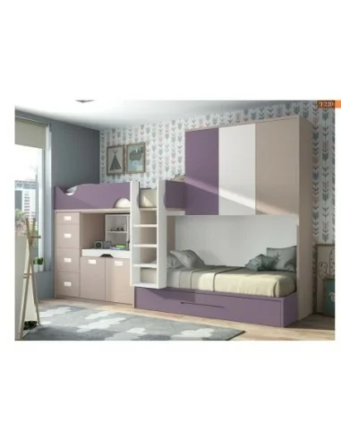 Dormitorio juvenil litera tren armario madera moderno crema lila