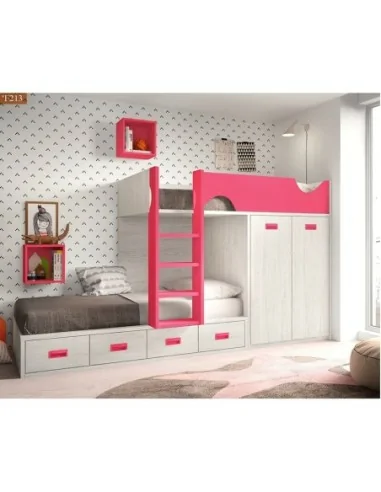 Dormitorio juvenil litera tren armario madera moderno rosa