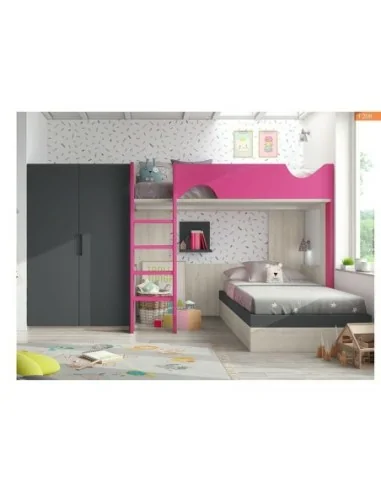 Dormitorio juvenil litera tren armario madera moderno rosa L