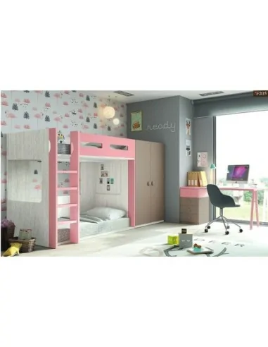 Dormitorio juvenil litera tren cajones armario madera escritorio moderno