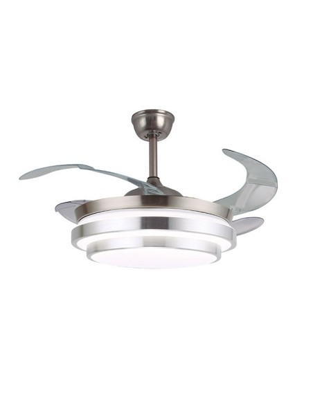 Ventilador DC SELENE níquel, 4 aspas retráctiles, 72W LED 3000|4000|6000K, Al.35xD.108/50cm