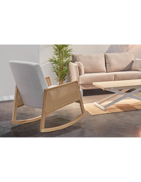 Butaca Mecedora Julia Microfibra Crema / Rattan / Madera