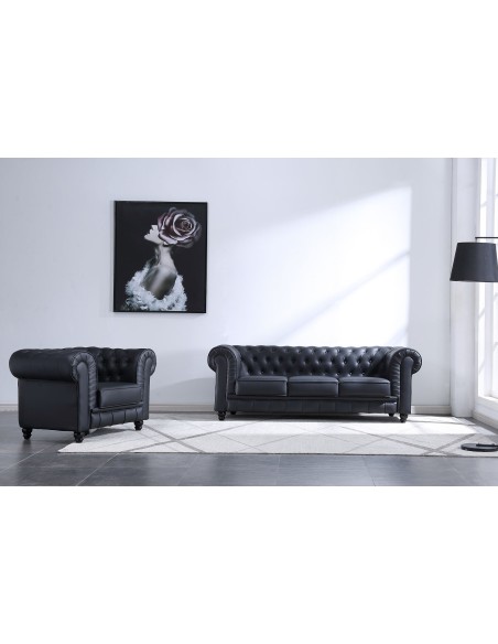 Sofá Chesterfield 3 Plazas SíMil Piel Negro