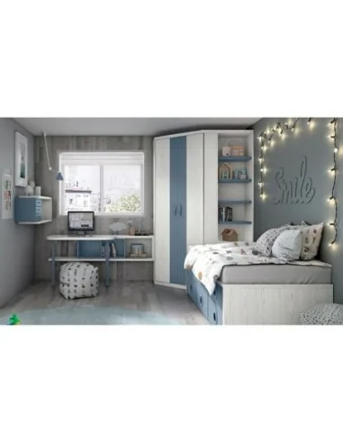 dormitorio juvenil con cama nido compacto modular cajones madera moderno armario azul