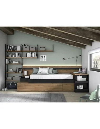 dormitorio juvenil con cama nido modular de cajones con estanteria