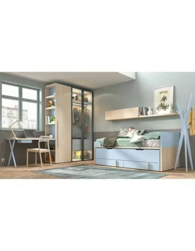 Dormitorio juvenil cama nido compacto con escritorio y armario puertas de cristal