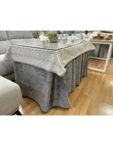 Ropa de Mesa Camilla Tejido Rústico Terciopelo Elegante Extragrueso color Gris (incluye tapete)