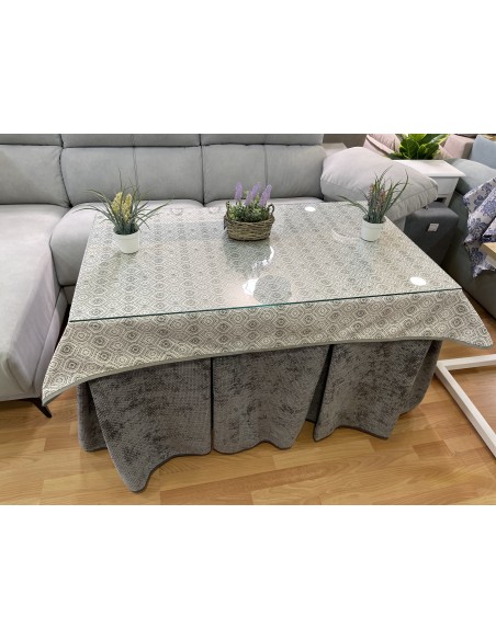 Ropa de Mesa Camilla Tejido Rústico Terciopelo Elegante Extragrueso color Gris (incluye tapete)