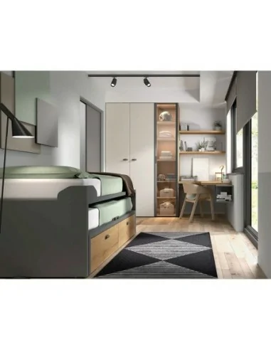Dormitorio juvenil con cama nido compacto armario puerta cristal y escritorio