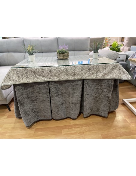 Ropa de Mesa Camilla Tejido Rústico Terciopelo Elegante Extragrueso color Gris (incluye tapete)