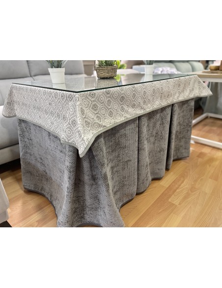Ropa de Mesa Camilla Tejido Rústico Terciopelo Elegante Extragrueso color Gris (incluye tapete)